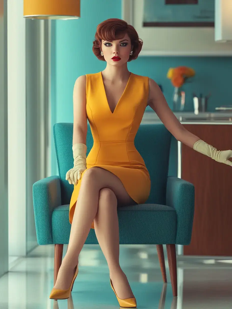 A woman sitting in a chair wearing a 1960's inspired orange dress.