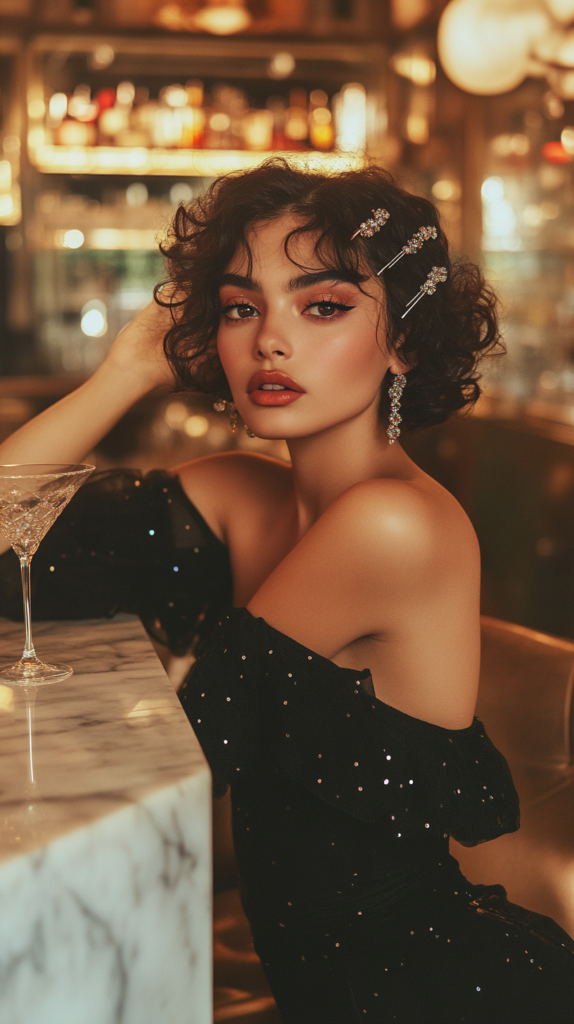 An attractive Chilean model with short waves adorned with gem-encrusted hair pins, leaning on a marble bar with martini glass in hand.