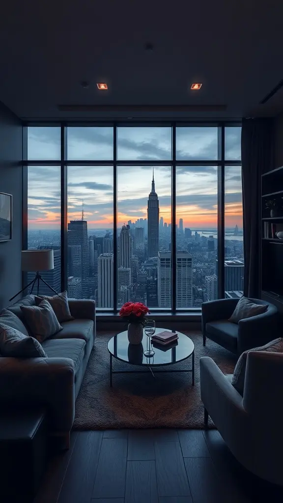A modern living room with a city skyline view featuring the Empire State Building at sunset.