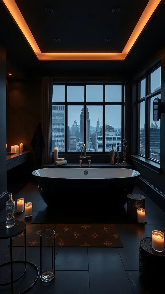 A moody master ensuite bathroom featuring a black bathtub, candles, and a view of the city skyline.