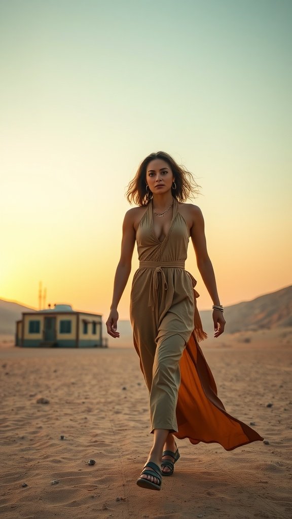 A woman in a tan linen halter dress walking in the desert at sunset.
