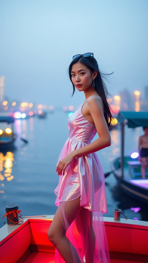 A young woman wearing an iridescent organza mini dress, standing on a boat with a vibrant city skyline in the background, reflecting light off the water.