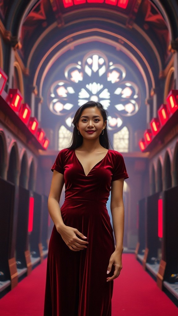 A woman in a deep burgundy velvet dress stands in a dramatic setting with gothic architecture.