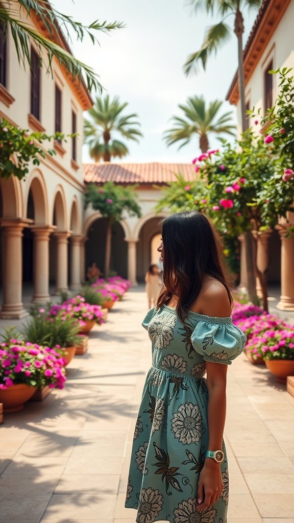 A young woman wearing an off-shoulder puff sleeve dress standing in a picturesque courtyard filled with flowers.