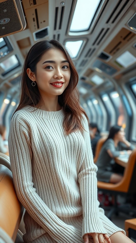 A woman in a cream knit sweater dress, smiling, sitting in a stylish interior with large windows.