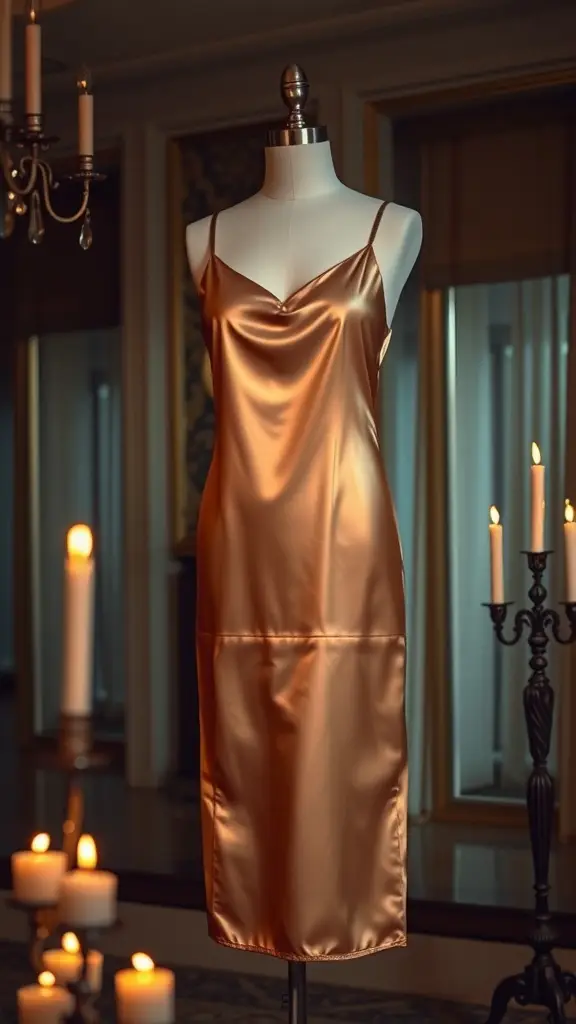 A golden satin slip dress on a dress form in a stylish setting with candles and soft lighting