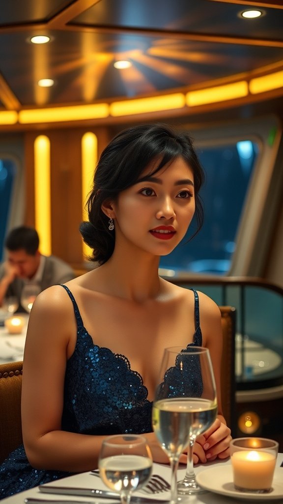 A woman in a midnight blue sequin dress, seated at a restaurant table with glasses and candles, looking elegant.