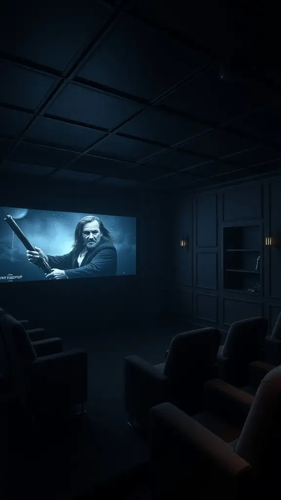 A media room with dark curtains, red seating, and a large screen displaying a character holding a gun.