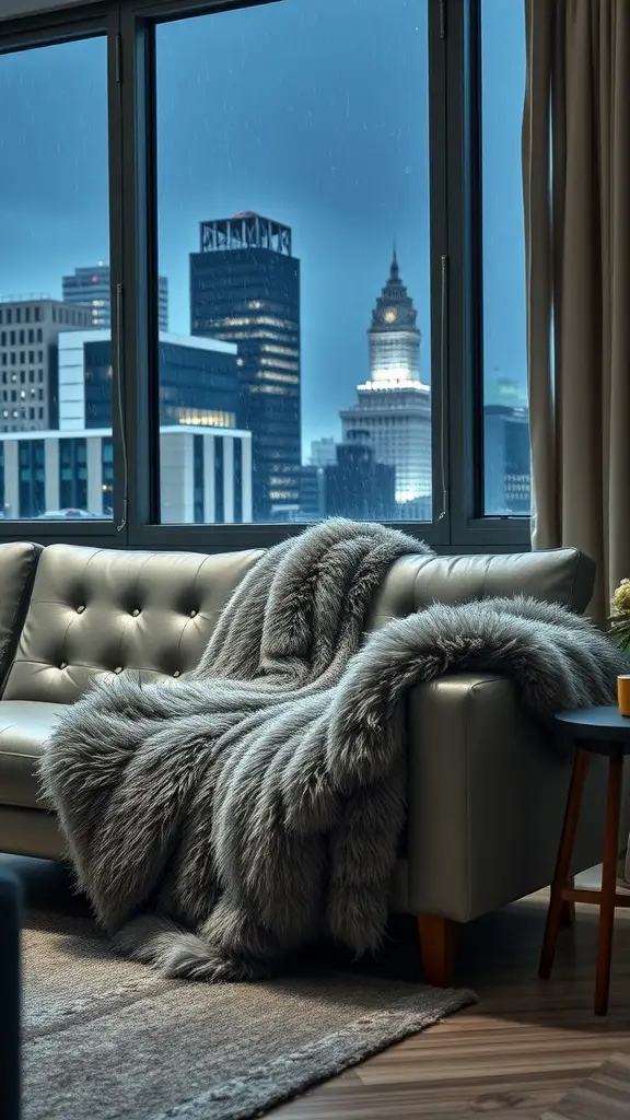 A cosy blanket draped on a couch in a Gotham City apartment.