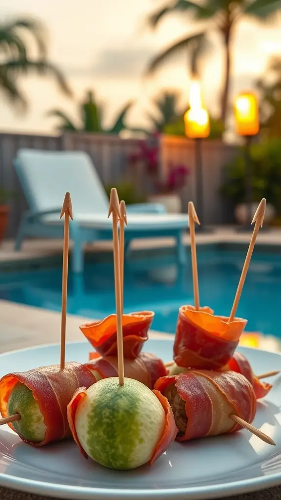 Prosciutto-wrapped melon appetizers on a plate with toothpicks