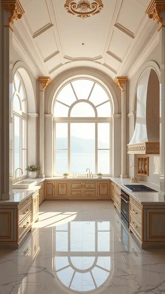A luxurious kitchen with arched windows, marble flooring, and elegant cabinetry, overlooking a serene lakeside view.