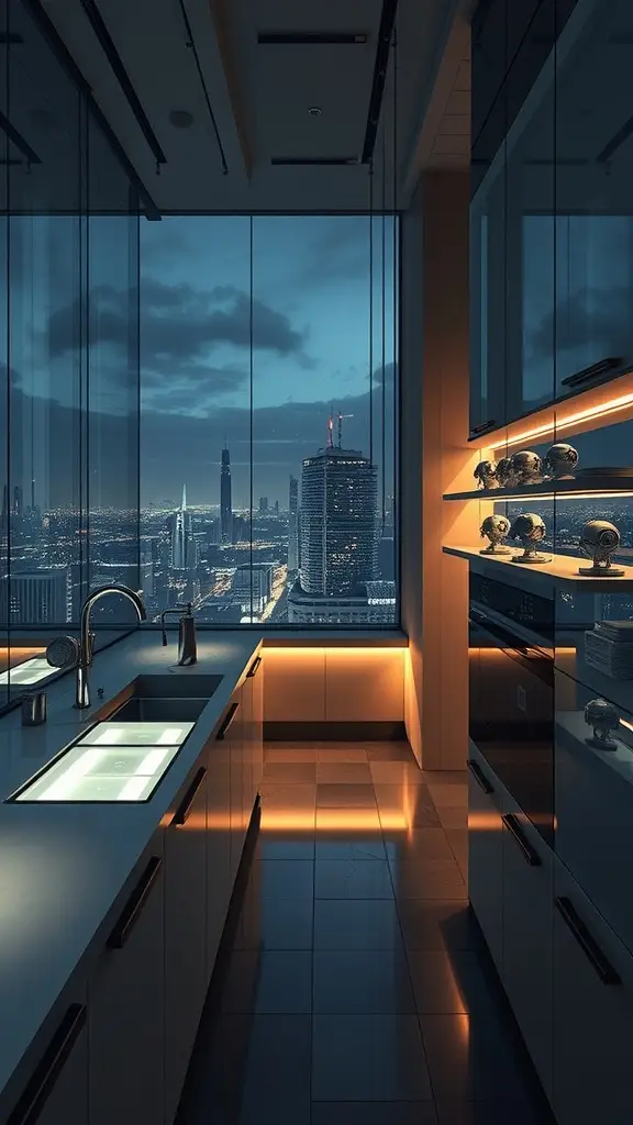 A sleek and modern kitchen with metallic finishes, panoramic windows, and smart appliances.