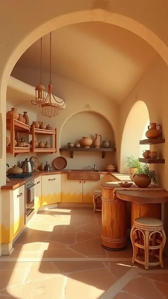 A rustic kitchen with sand-toned walls, wooden accents, and pottery, inspired by Tatooine.