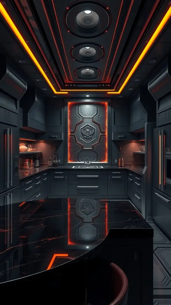 A dramatic kitchen inspired by Mustafar, featuring black marble surfaces and bold orange lighting.