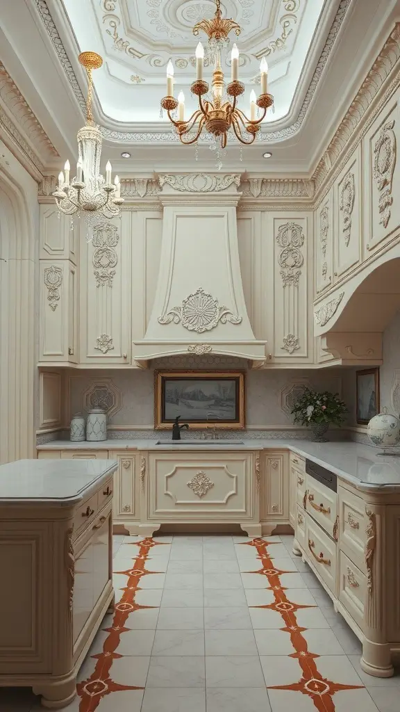 An ornate kitchen design with ivory-toned cabinets, elegant chandeliers, and intricate moldings.