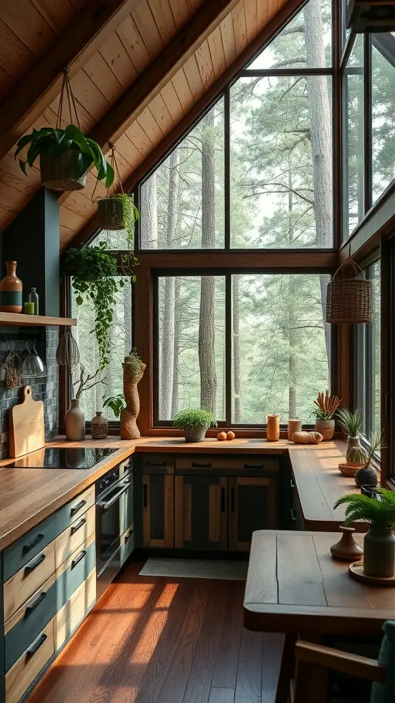 A cozy wooden kitchen with large windows overlooking trees, featuring rustic cabinets and plants.