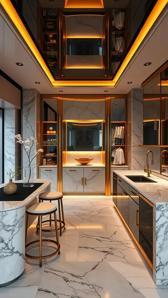 Glamorous kitchen featuring marble countertops, gold accents, and warm ambient lighting.