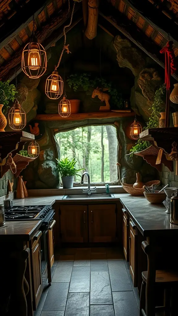 A rustic kitchen with wooden cabinets, stone walls, and an inviting atmosphere.