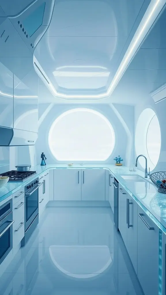 A modern kitchen with icy-blue accents, sleek cabinets, and a large circular window.
