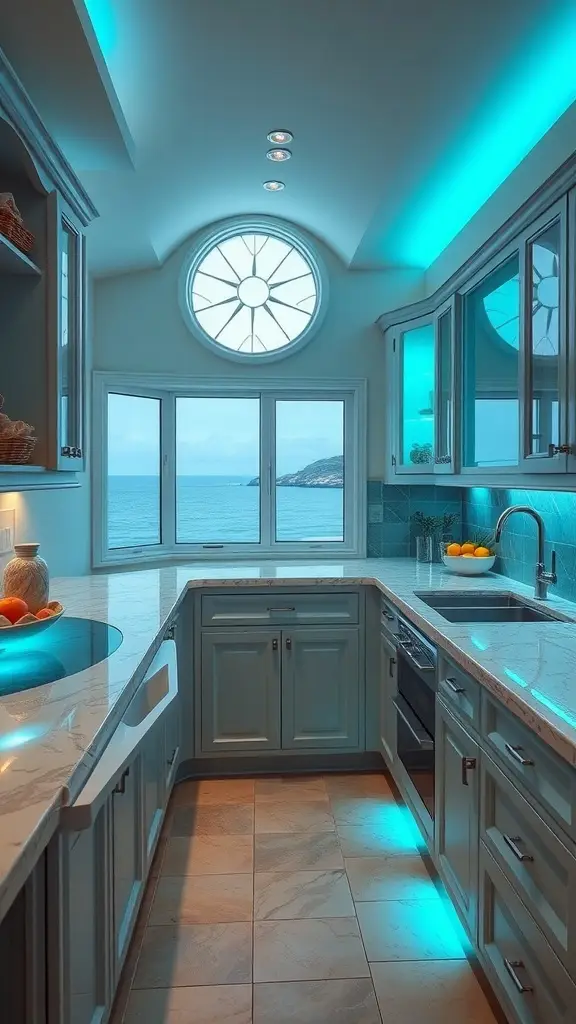A modern kitchen with ocean views, featuring curved cabinetry, coral tones, and luminous lighting.