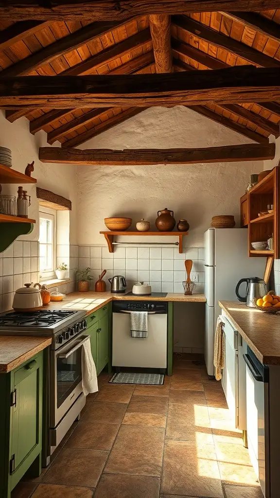 A warm and inviting farmhouse kitchen with green cabinets and rustic wooden beams