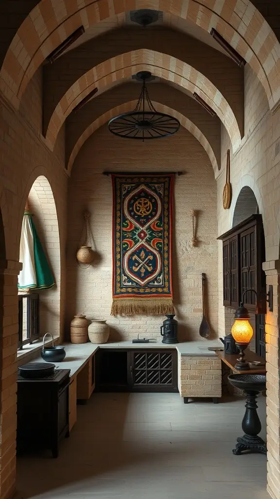A serene kitchen inspired by the Jedha Monastery, featuring stone carvings, arches, and a tapestry.