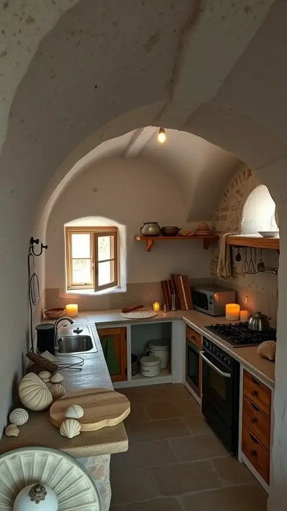 A kitchen with curved stone walls, wooden accents, and oceanic decorative elements, inspired by Ahch-To Island.