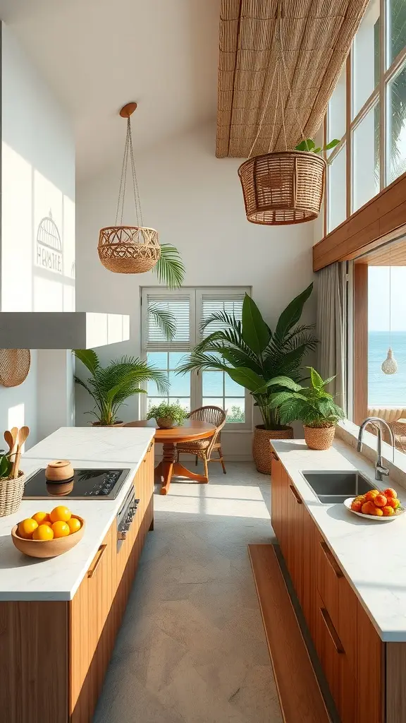 A modern tropical kitchen with bamboo decor and ocean view.