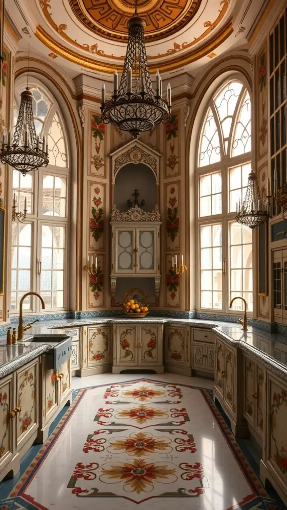 An ornate and elegantly designed kitchen inspired by Naboo royalty, featuring floral patterns, gilded accents, and elegant lighting.
