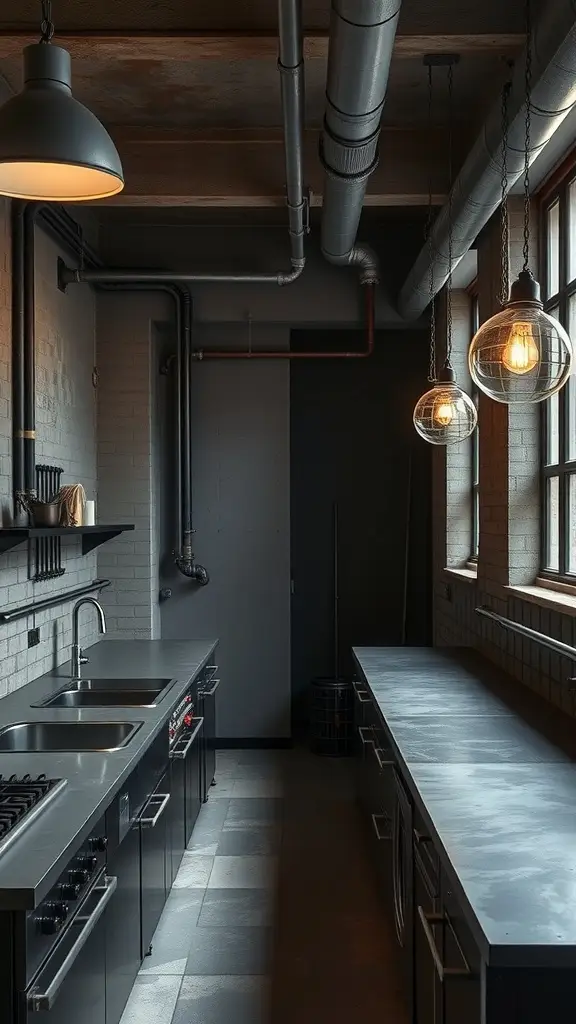 An industrial kitchen featuring metallic surfaces, dark tones, and layered lighting.
