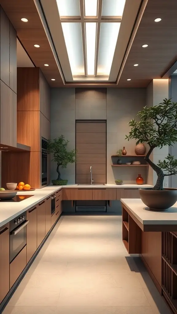 A modern kitchen featuring wooden cabinets, bright skylights, and small trees, embodying a serene and minimalist design.