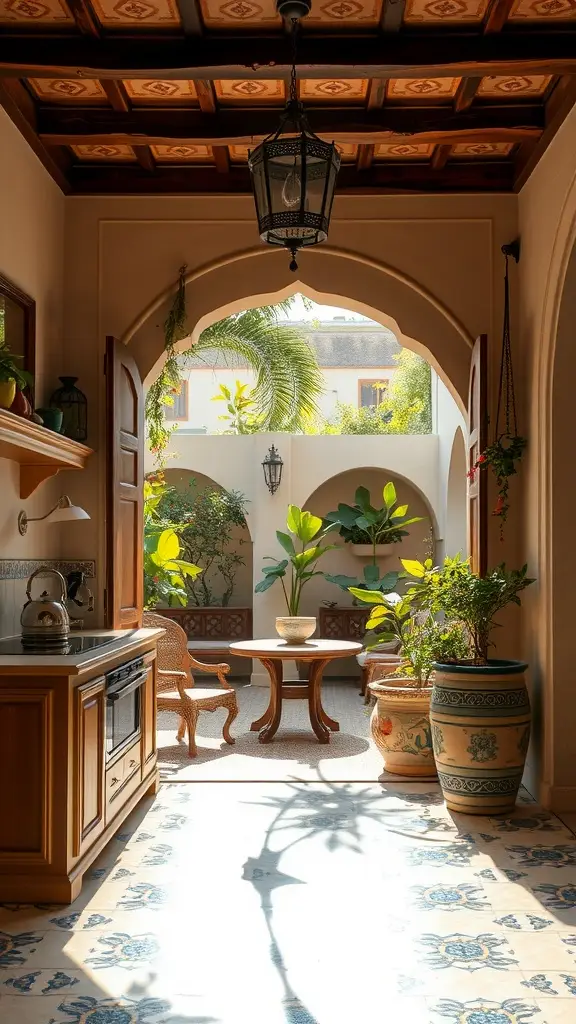A sunlit kitchen with wood cabinetry, tiled floor, and lush plants, creating a warm, inviting space.