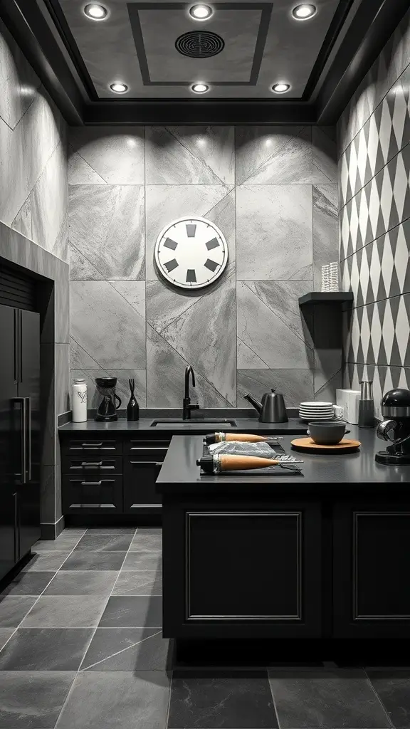 A modern kitchen with charcoal tones, sleek cabinetry, and structured design.