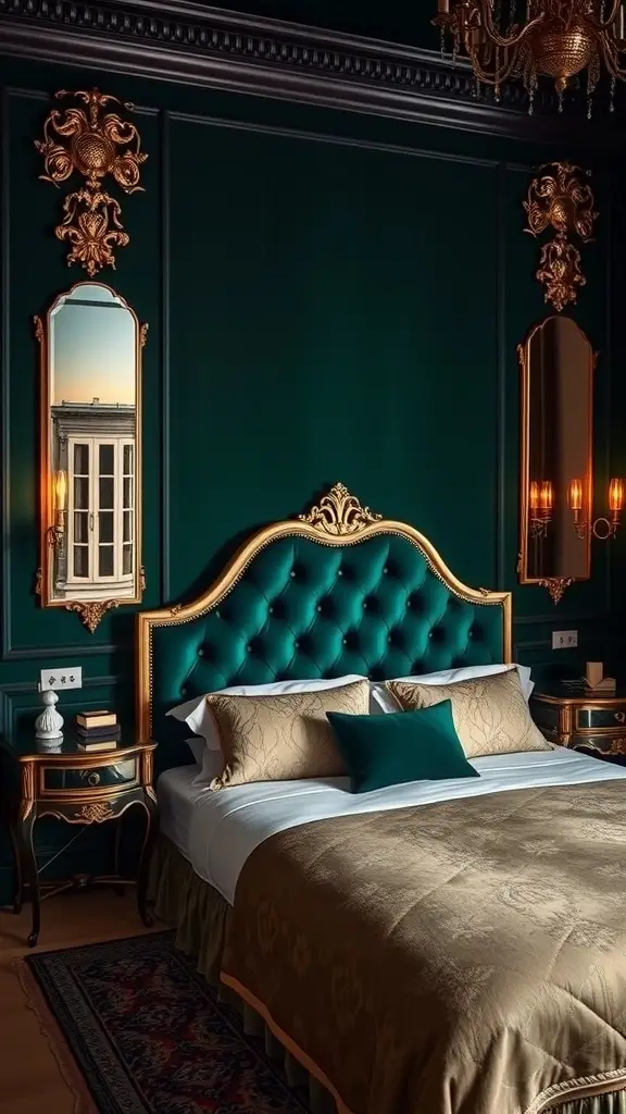 A luxurious emerald tufted bed with golden accents and ornate decor in a moody master bedroom.