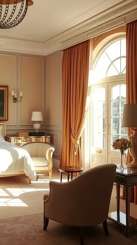 A stylish room with champagne gold drapes, elegant furniture, and warm lighting.