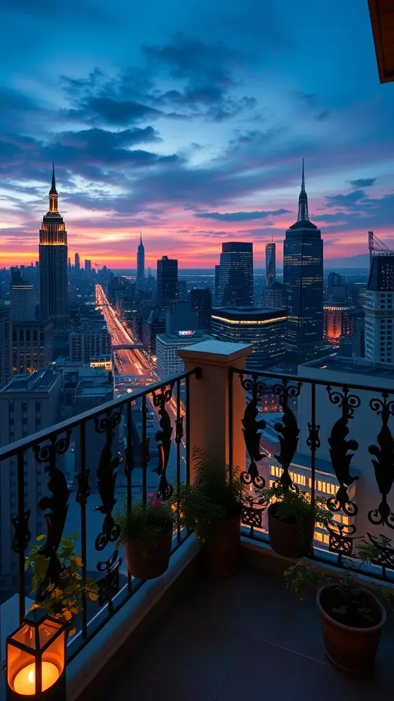 A balcony with potted plants and lanterns overlooking a city skyline at dusk.