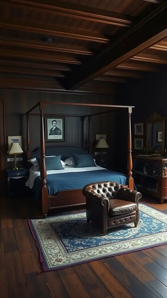 A stylish 1920s inspired master bedroom featuring a four-poster bed, leather armchair, and dark wooden elements.