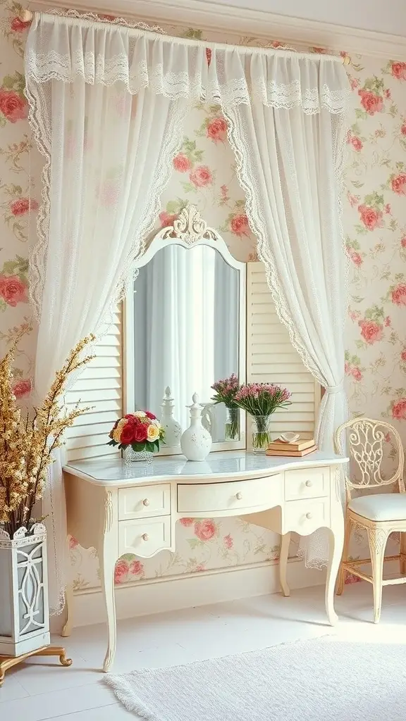 A soft, delicate master bedroom featuring ivory lace curtains, floral wallpaper, and a vintage vanity.