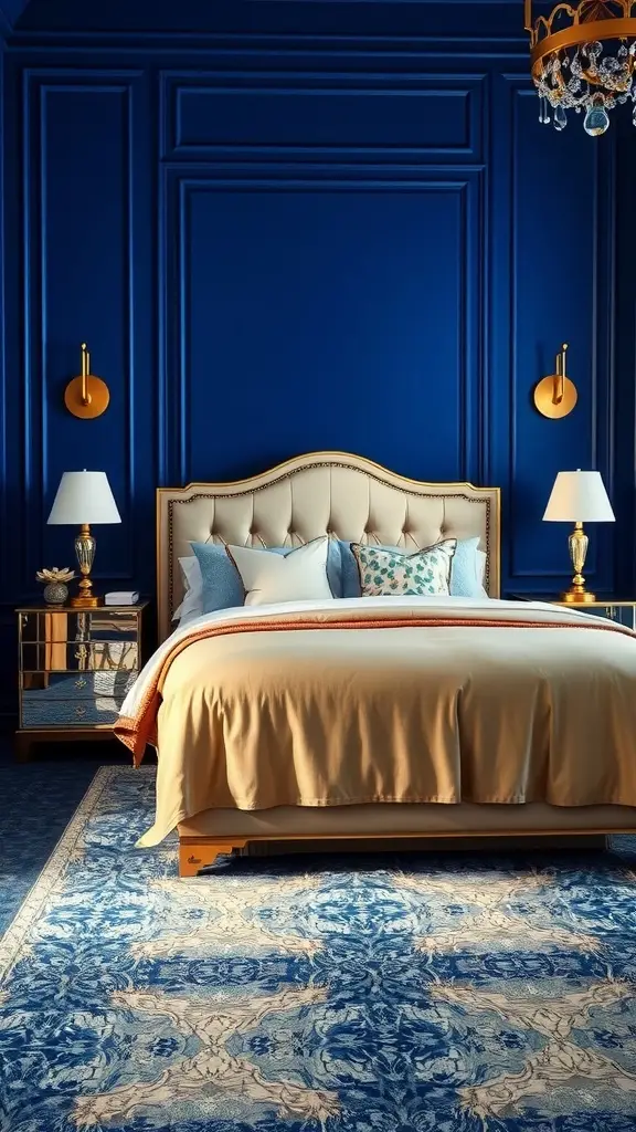 A luxurious master bedroom with sapphire blue walls, geometric patterns, and elegant furnishings.
