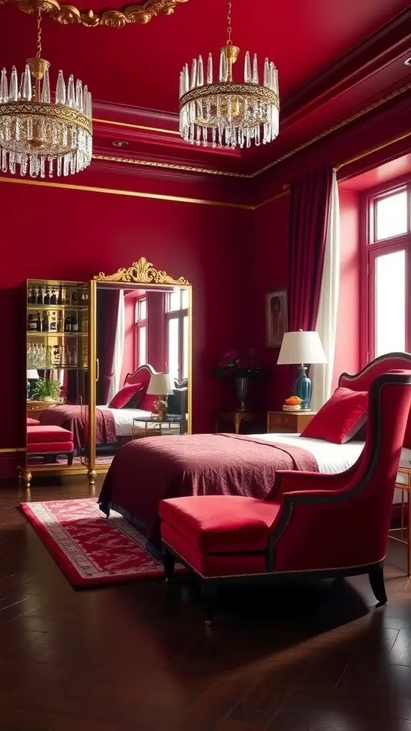 A lavish bedroom suite with crimson walls, plush red chaise lounge, mirror-backed cabinet, and sparkling chandelier.