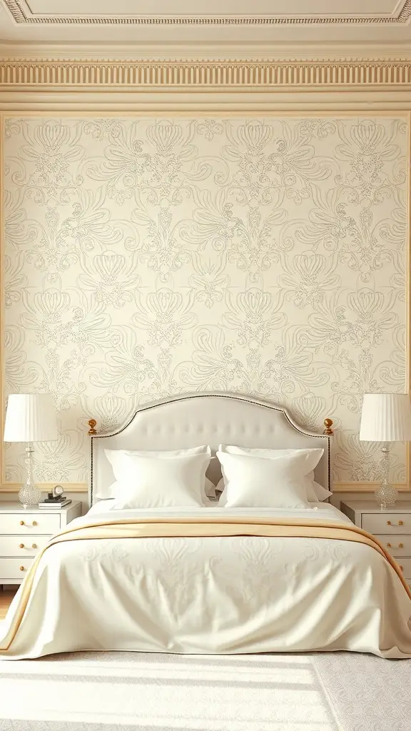 A beautifully designed master bedroom with an embossed white wall, plush bedding, and stylish lamps.