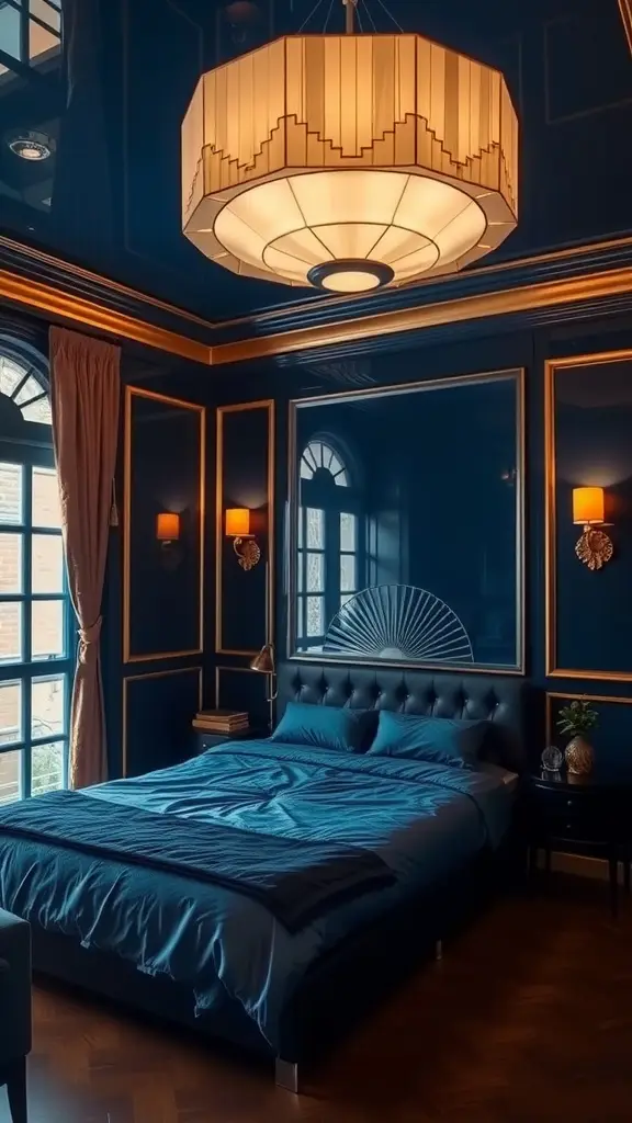 Luxurious master bedroom with midnight blue walls, bronze accents, and fan motifs