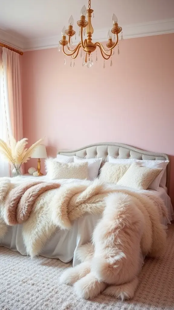 A luxurious master bedroom suite featuring plush bedding, a chandelier, and soft blush walls.