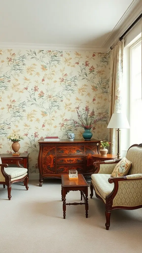 A serene room with botanical wallpaper, antique wooden furniture, and soft green accents.