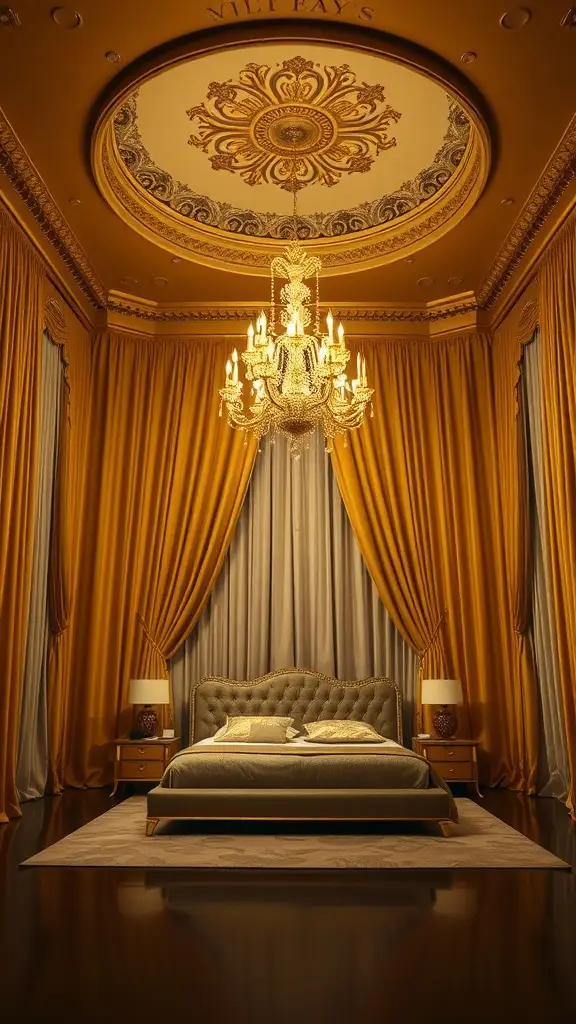 A lavish bedroom with golden curtains and an ornate chandelier, showcasing 1920s style.