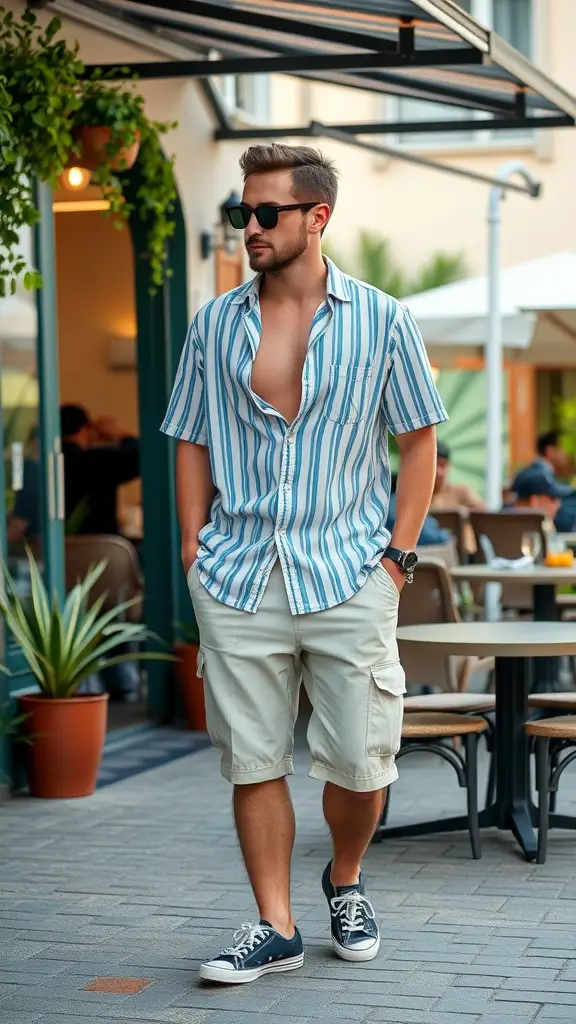 A young man strolling casually in a striped shirt and cargo shorts, embodying summer fashion.