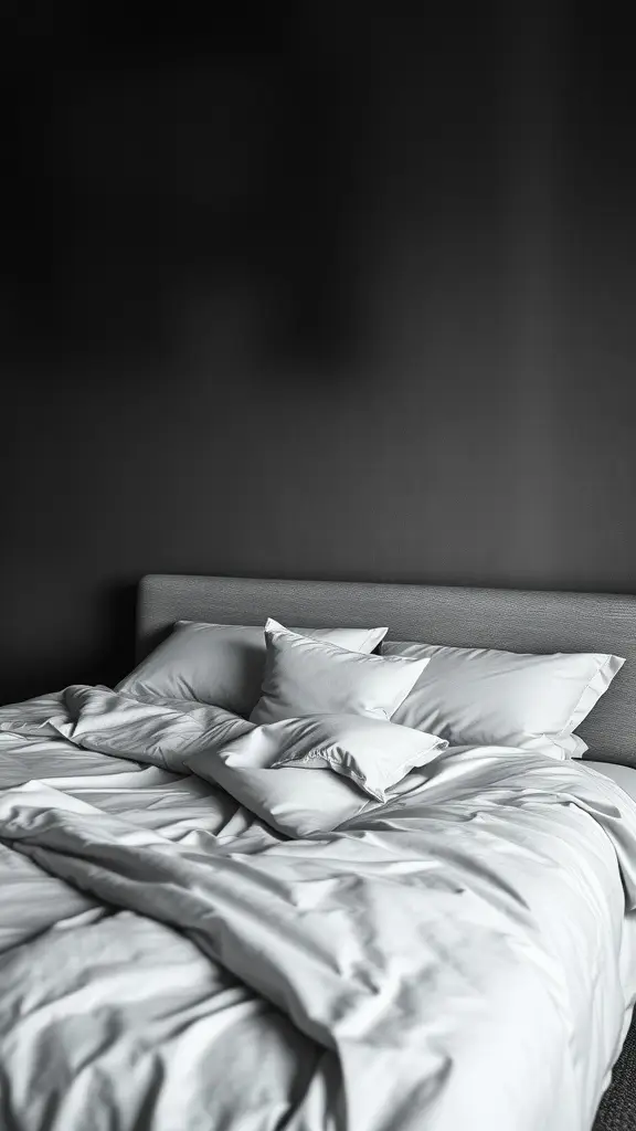 A beautifully made bed with white linens and pillows in a smoky-toned room.