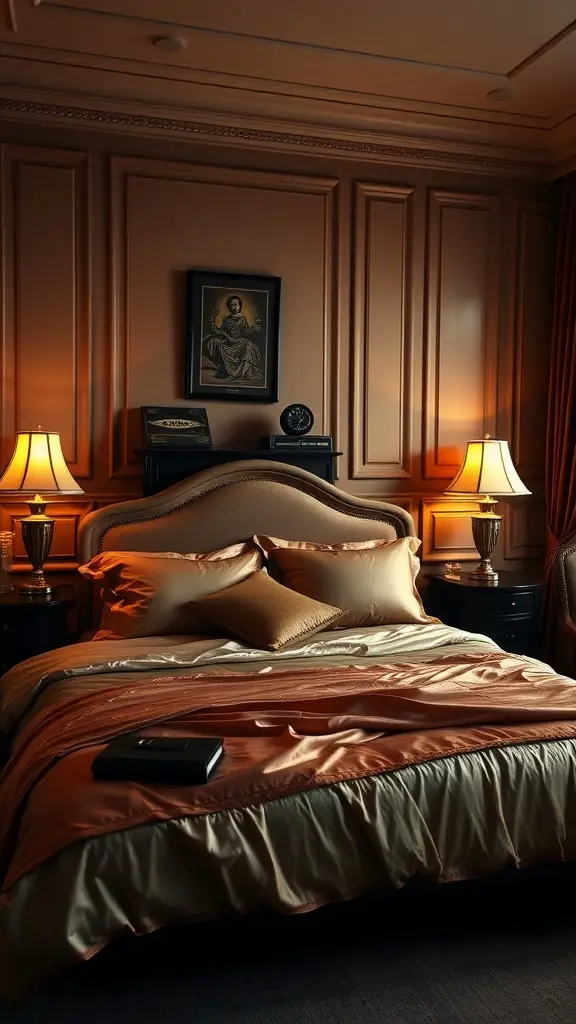 Luxurious master bedroom with satin bedding, wood-paneled walls, and rich lighting