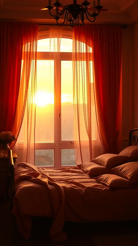 A cozy master bedroom with coral curtains and a chandelier, showcasing a warm sunset glow.