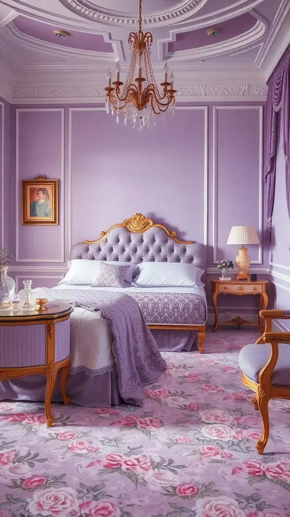A beautifully designed master bedroom featuring lilac walls, an upholstered bed, floral carpet, and elegant chandelier.